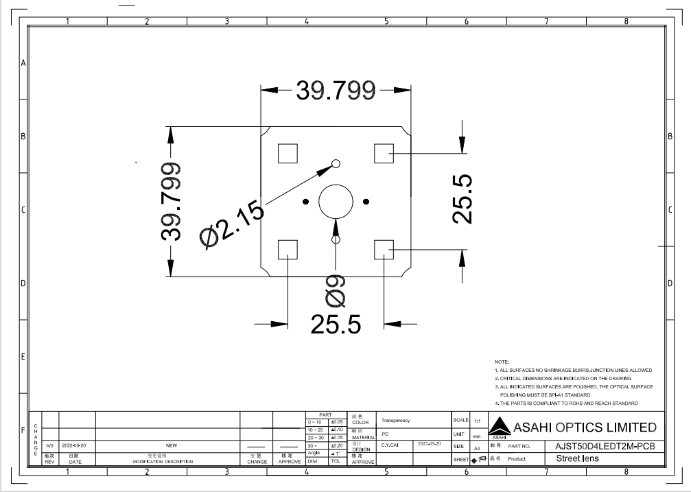 2x2 lens PCB drawing